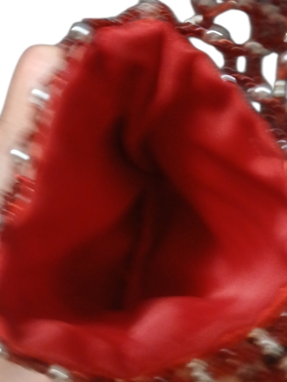 Red Beaded Crossbody Evening Bag, Hoop Clasp, Red Nylon, Red/Silver Beads - Picture 5 of 9
